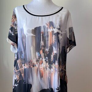 🩷Piccadilly Short Sleeve Top Loose Fitting Fantasy Print Overlay Round Neck